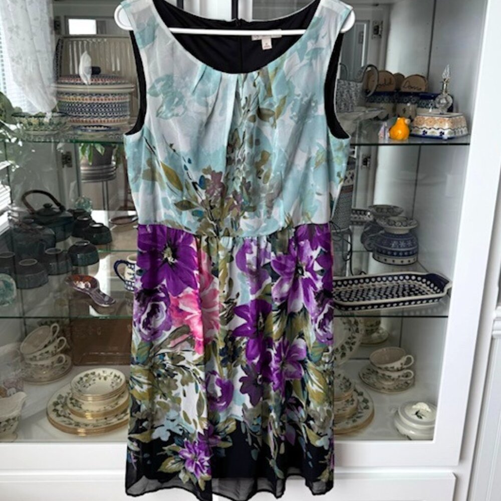 Dress Barn Women's Green, Purple, Pink, and Black Flower Dress, Size 14